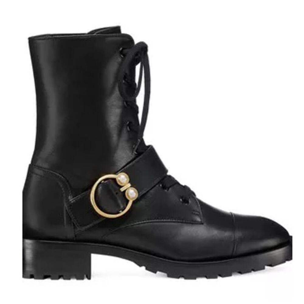 NWT Stuart Weitzman Pearlring Leather Ankle Combat Bootie Black 35-35.5 / US 5